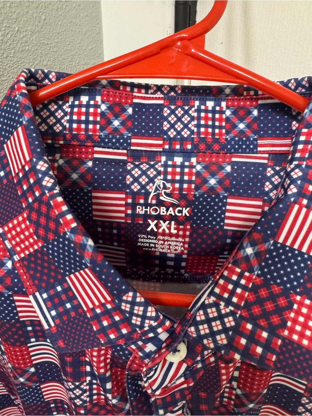 Rhoback Men's Red and Blue Patchwork Flag Print Button-Down Shirt